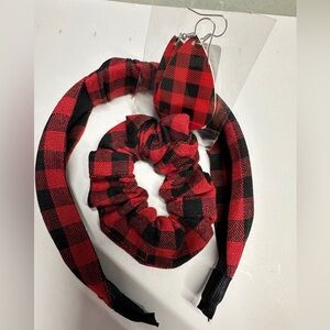 Plaid Red and Black Women’s Headband, Scrunchie Set and Earrings